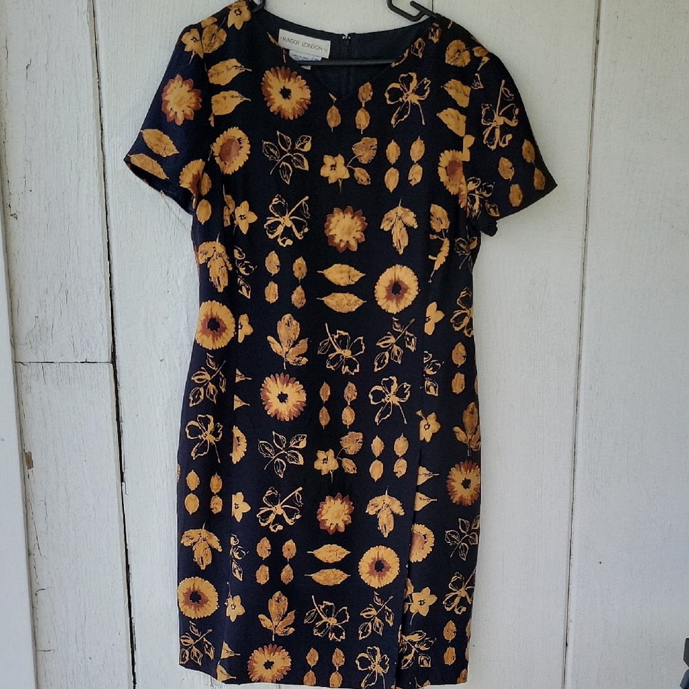 Maggy London 100%Silk Black And Nature Floral  Size 12